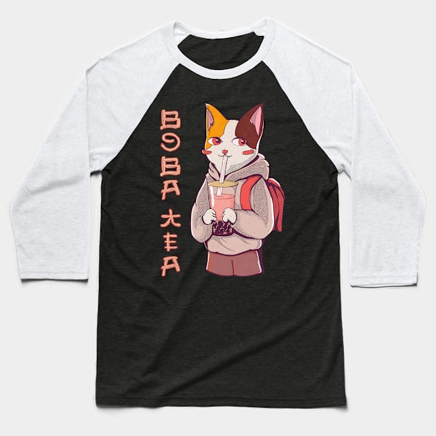 Kawaii anime cat drinking boba tea Baseball T-Shirt by heidiki.png